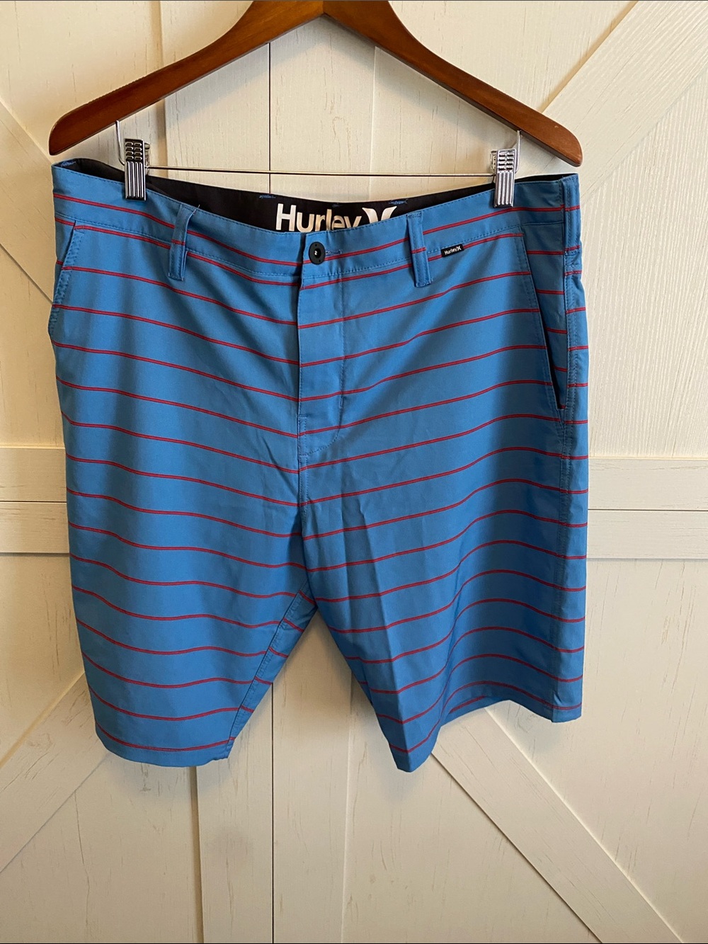 Hurley Phantom Blue Shorts with Thin Red Stripes